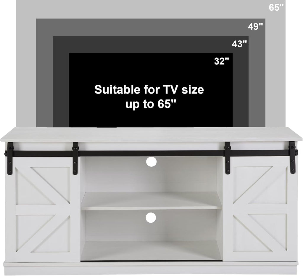 58" Farmhouse TV Stand and Entertainment Center for Televisions up to 65 Inchs,with Sliding Barn Doors and Storage Cabinets (White, Farmhouse TV Stand and Entertainment Center)