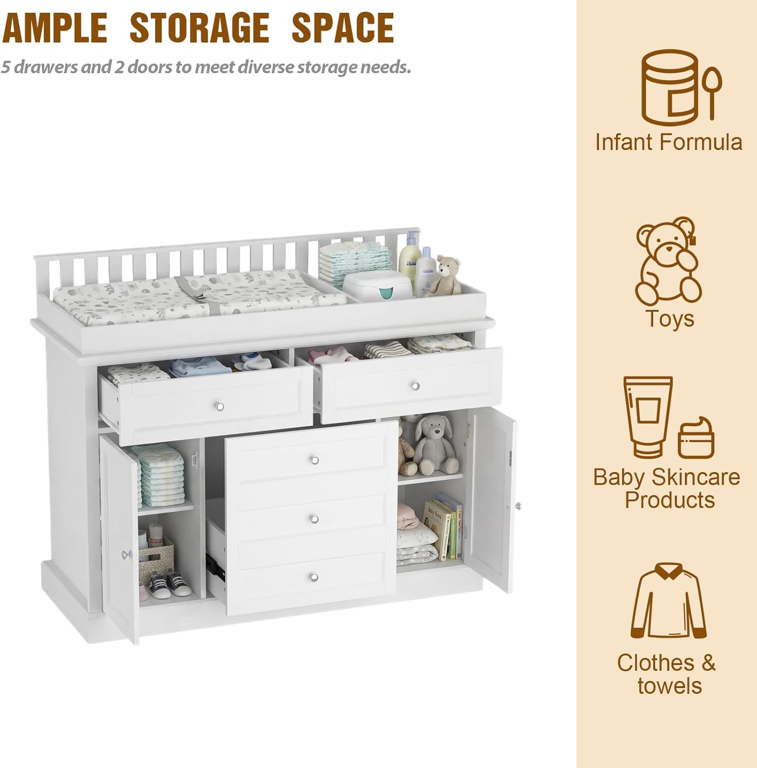Timechee 46“ Baby Dresser with Changing Table Top, White Dresser with Storage Drawers and Doors for Nursery, Multifunctional Nursery Baby Changing Table Dressers, Diaper Station Cabinet for Kids Room