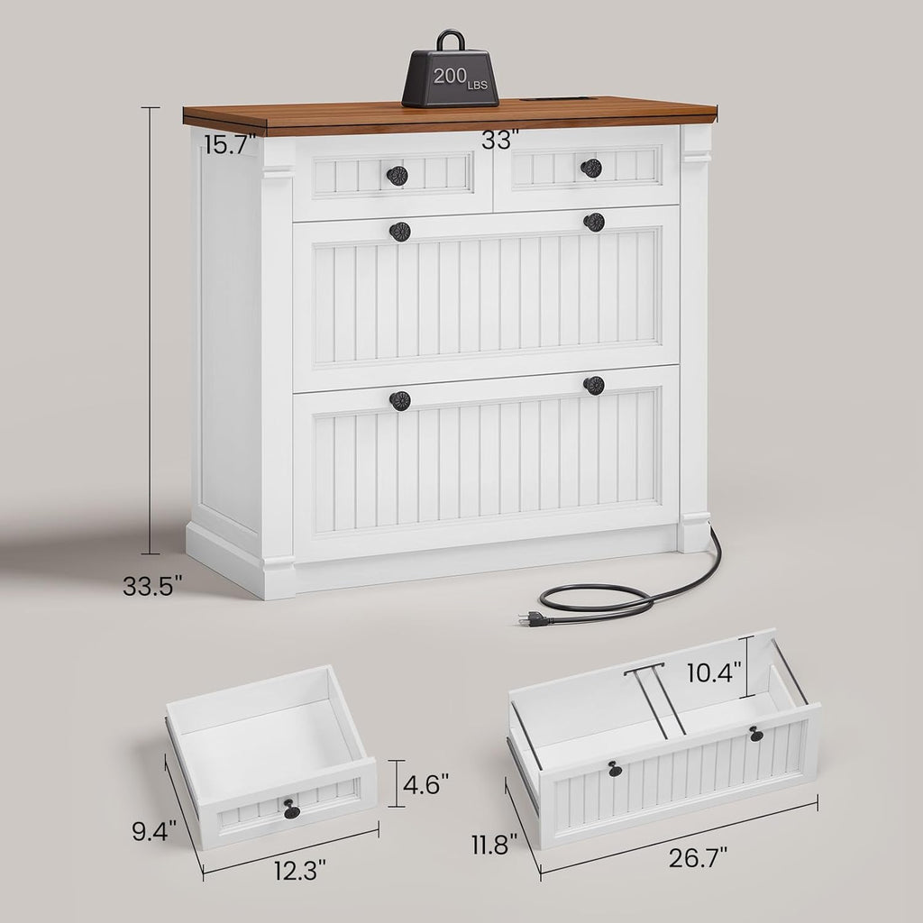 SEDETA 4 Drawers File Cabinet, 33" Farmhouse Filing Cabinets for Home Office fit Legal/Letter/A4 File, Wood Office File Cabinet with Power Outlets, Printer Stand with Storage, White+Brown