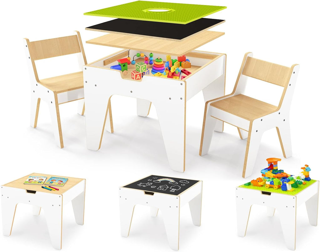 WINGYZ 4-in-1 Wooden Kids Activity Table and 2 Chairs, Ages 2-12 & 4-8 Building Blocks Construction Sensory Table with Storage, Spacious Kids Learning Desk