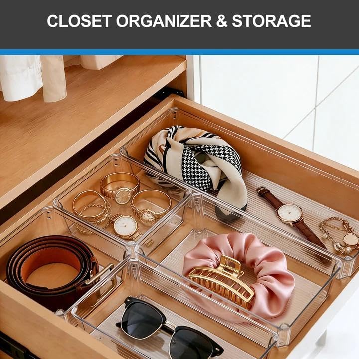 9 PCS Clear Plastic Drawer Organizer Sets, 3 Sizes Vanity Organizer Trays Stackable Storage Bins for Kitchen, Cabinet, Bathroom, Office, Laundry Room Organizing
