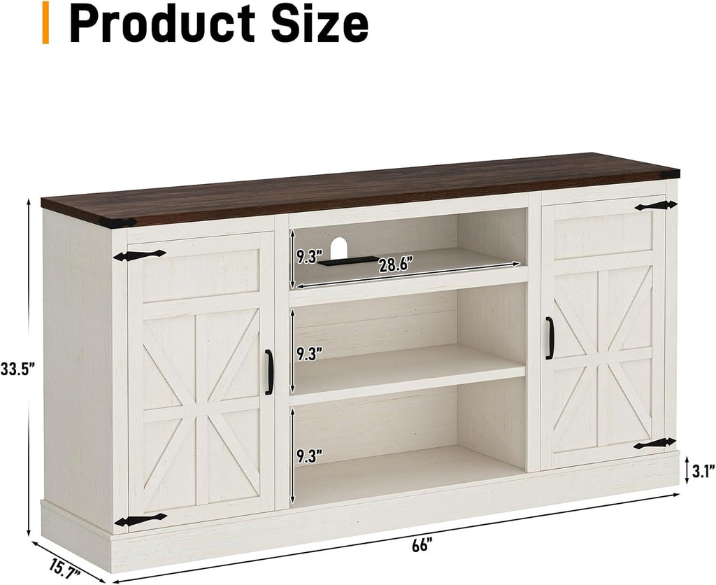 Hlivelood 66" Farmhouse TV Stand with Power Outlets for 75 Inch TVs, 33" Tall Entertainment Center with Storage Cabinets w/Adjustable Shelves, Rustic Large TV Media Console, Rustic White