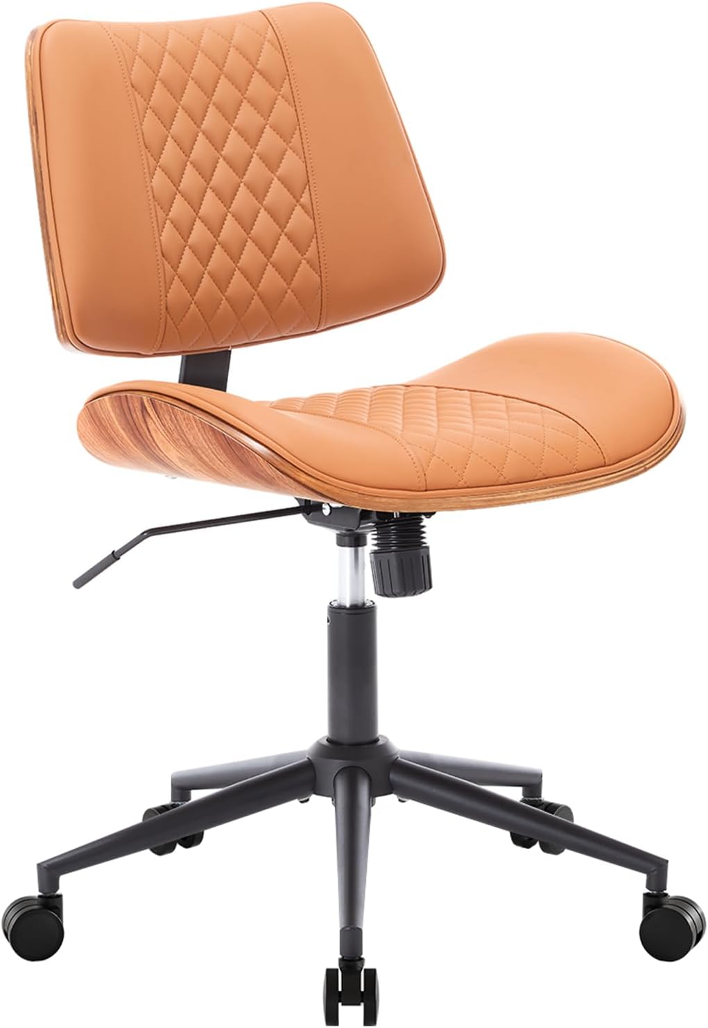 Home Office Chair No Arms with Wheels, Adjustable Height PU Leather Mid Back, 360 Swivel Computer Small Desk Chair, Armless Modern Walnut Style for Office, Reading Meeting Room(Brown)