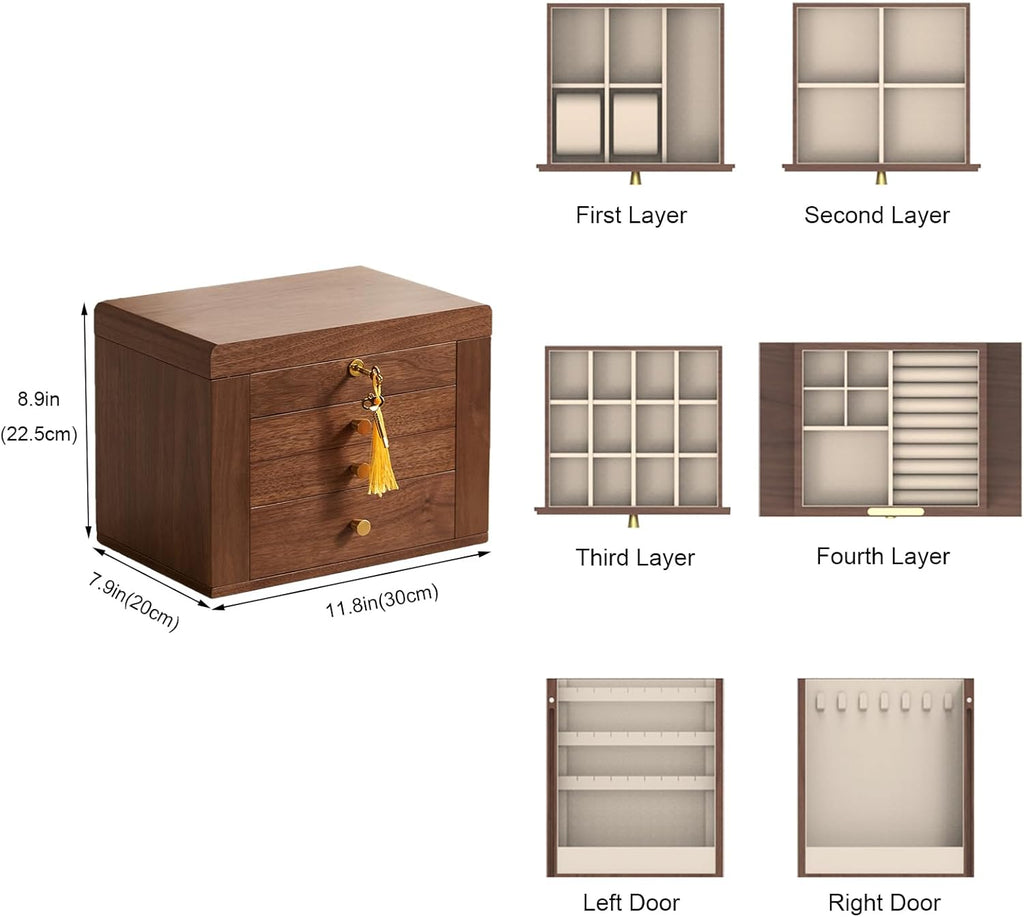 CHOSIN Black Walnut Wooden Jewelry Box, 4 Layer Lockable Wood Jewelry Organizer with Mirror, Side Doors & Brass Handle, Classical Design for Rings, Necklaces, Earrings, Mothers Day Gifts for Mom