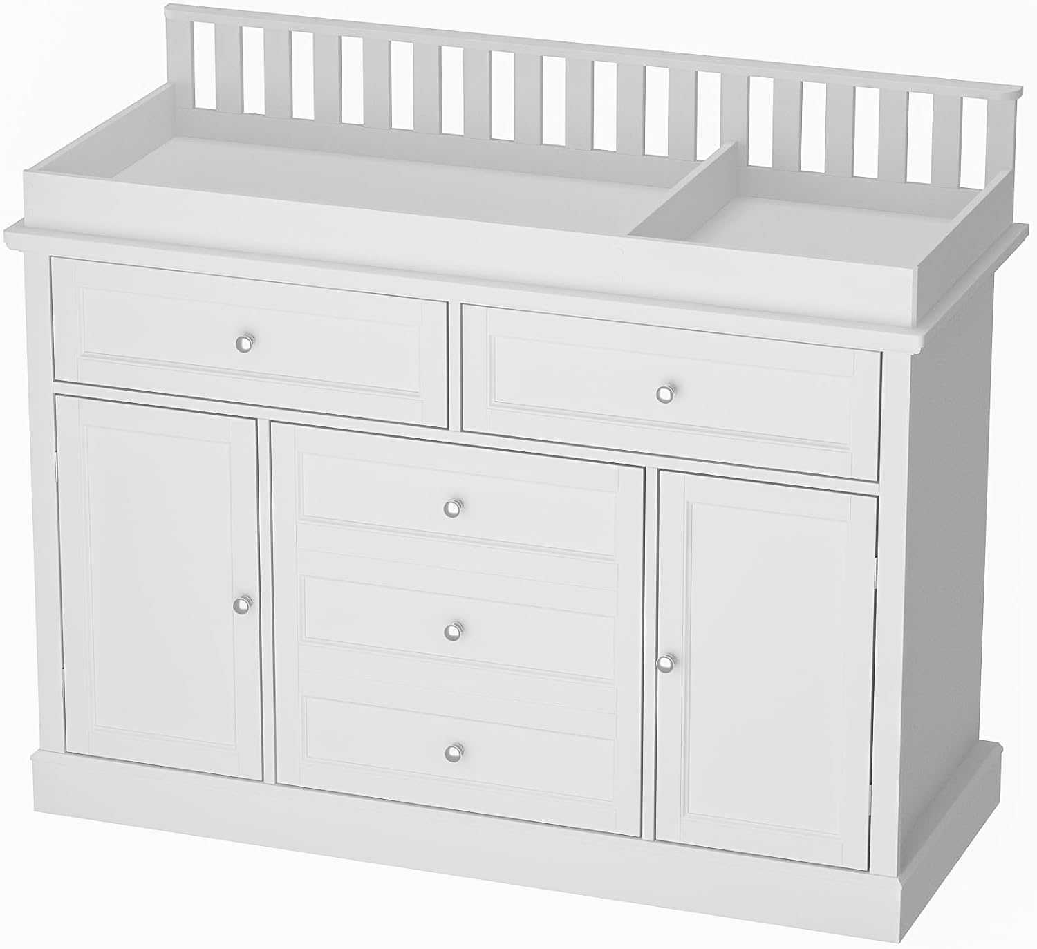 Timechee 46“ Baby Dresser with Changing Table Top, White Dresser with Storage Drawers and Doors for Nursery, Multifunctional Nursery Baby Changing Table Dressers, Diaper Station Cabinet for Kids Room
