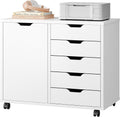 DUMOS 5 Drawer File Cabinet Office Drawers Organizer with Wheels Rolliing, Under Desk Cabinets with Shelves and Door Printer Stand with Wood Board Metal Frame for Home Office Storage Craft Room, White
