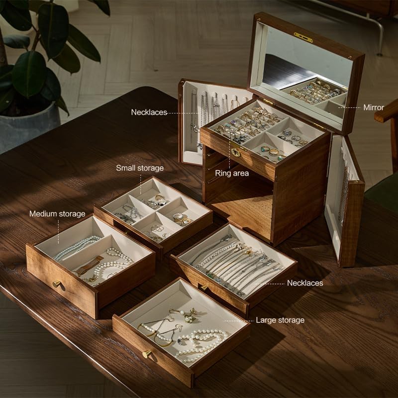 5-Layter Jewelry Organizer Box with Lock and Key, Wooden Jewelry Box for Mother's Day with Interior Mirror - Ring Earring Bracelet Necklace Holder, 11.8 inch