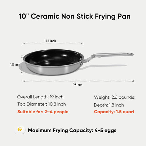 5 Ply Ceramic Non Stick Frying Pans - 10 Inch Stainless Clad Nonstick Skillet, Non Toxic, PTFE & PFOA FREE, Professional Cookware for Induction, All Stoves and Oven up to 650°F