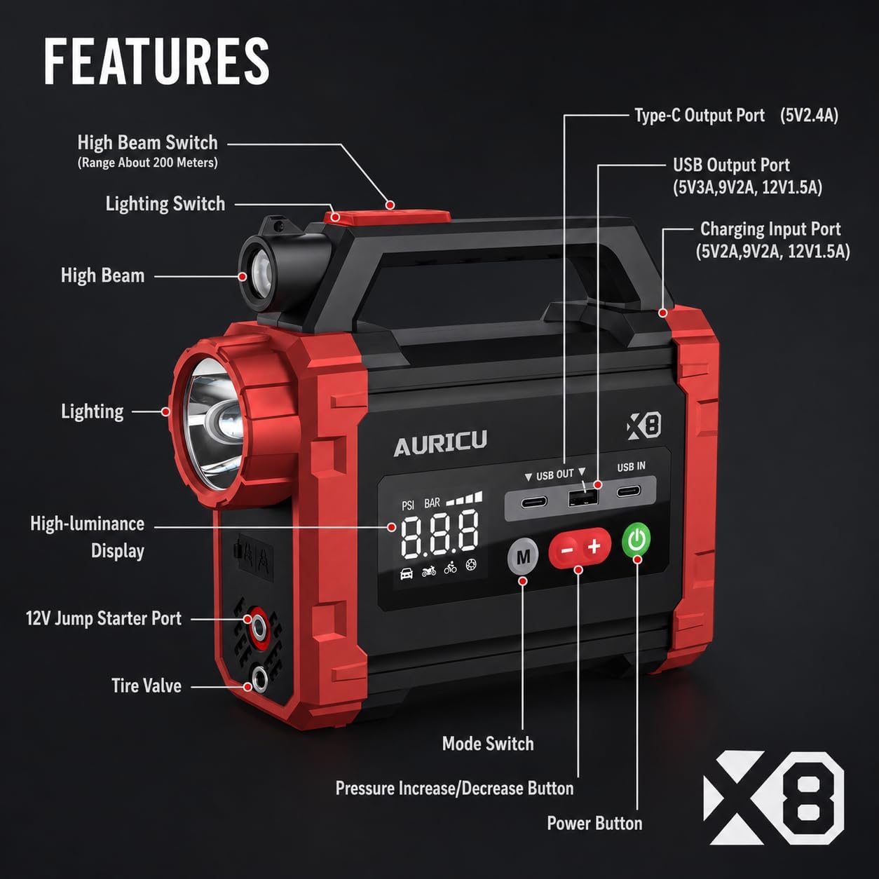 X8 2400A Jump Starter 150 PSI Air Compressor 12V Lithium Battery Booster Pack, Portable Jump Box, Power Bank & Jumper Cables for Max 8.0L Gas Engines and Max 6.0L Diesel Engine