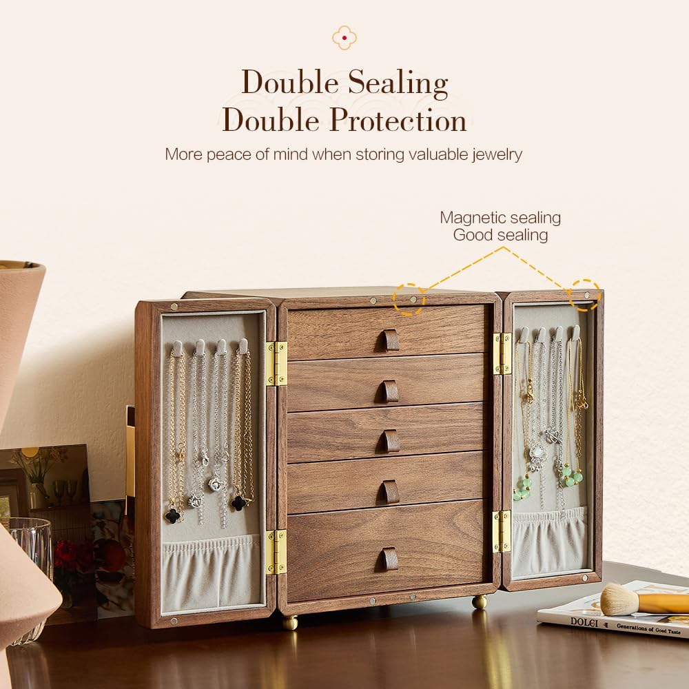 Double Door Jewelry Box - Black Walnut Wood, Velvet Lining, Gold Handle, Magnetic Closure, Handmade Storage Gifts for Mom, Mothers Day | 5-Layer