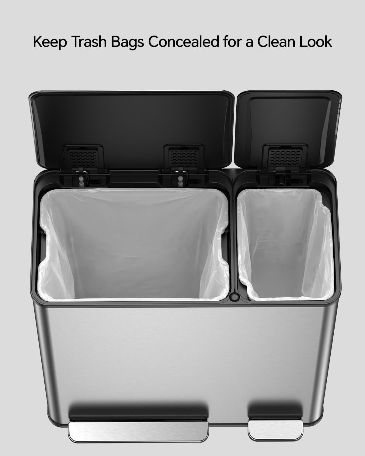 Lovewind Dual Trash and Recycling Bins for Kitchen, 13+6 Gallon Stainless Steel Garbage and Recycle Bin Combo for Large Families, Dual Trash Can with Soft Close Lid & Magnetic Stickers, Silver