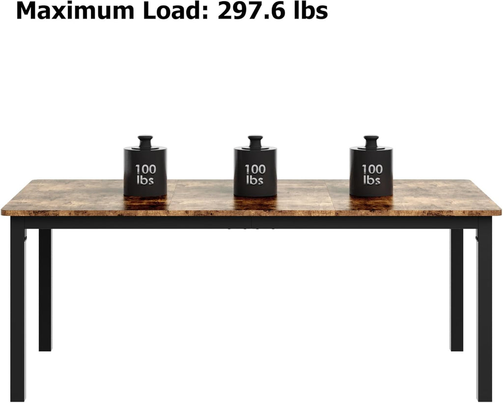 71 Inch Industrial Dining Table, Large Rectangle Kitchen Table with Metal Legs, Round Corners, Wooden Conference Tables Writing Desk for Dining Room, Living Room, Retro Brown
