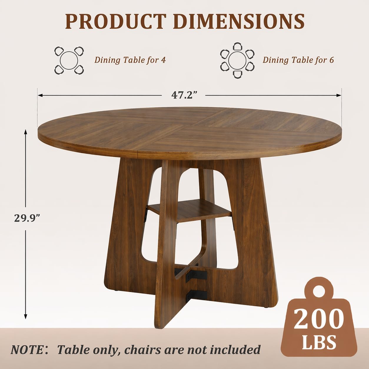 GRUSIGN Round Dining Table for 4-6, 47" Kitchen Table for Dining Room, Circle Farmhouse Kitchen Table, Wood Dinner Table for Kitchen, Living Room, Apartment