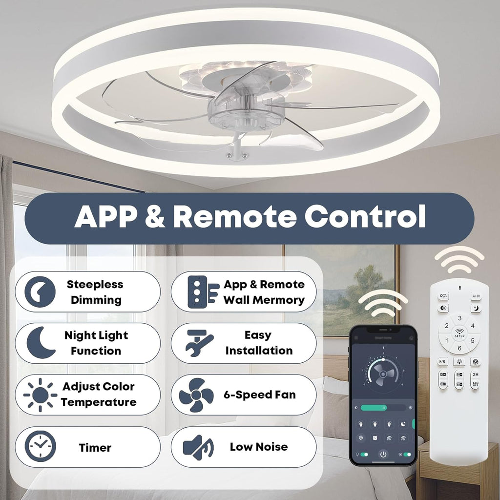 Fszdorj 23.6'' Ceiling Fan with Light, Upgraded Low Profile Fan, Flush Mount Ceiling Fan, 6 Speeds, Dimmable LED, App & Remote Control, Quiet DC Motor, for Bedroom, Living Room, F105 White