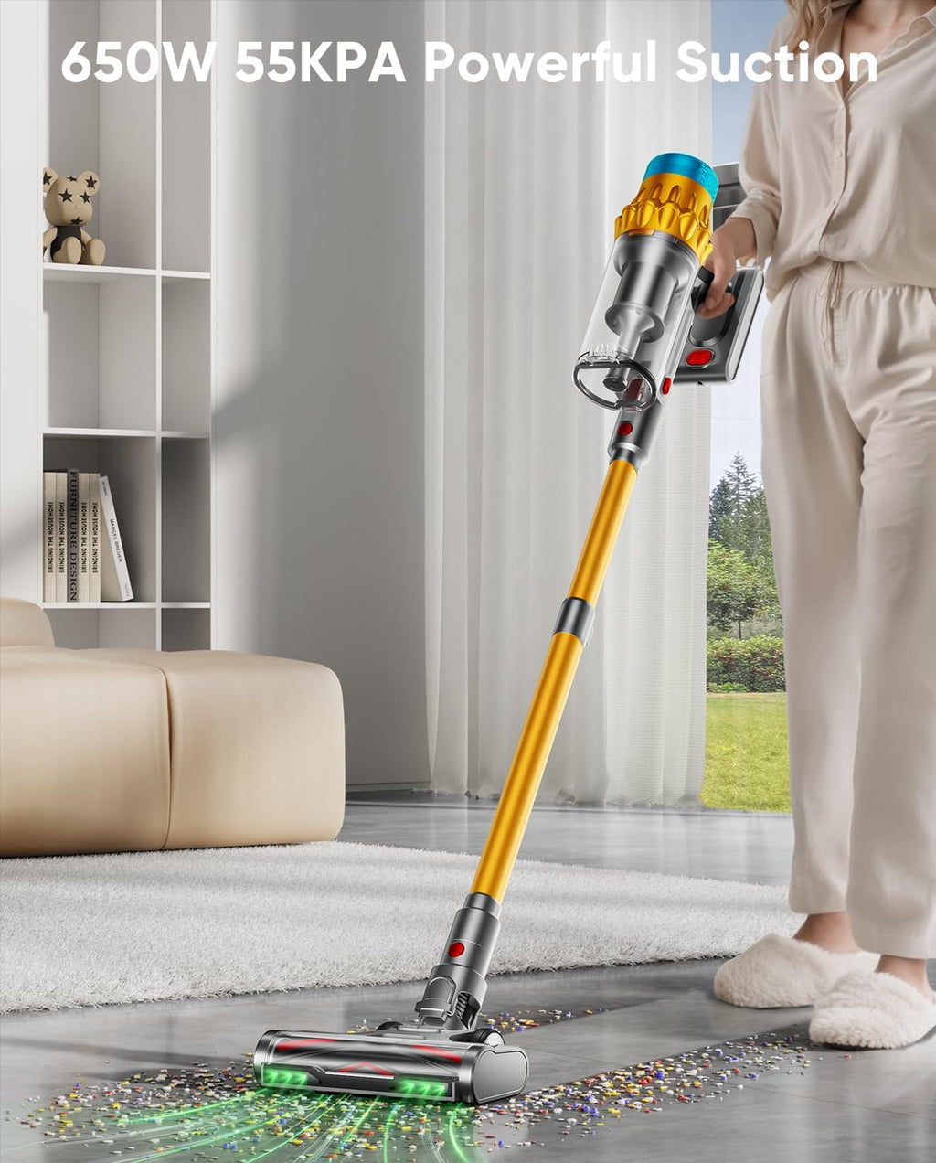 Cordless Vacuum Cleaner, 650W/55KPA/70 Mins Vacuum Cleaners for Home with Self-Standing, Anti-Tangle Brush, Smart Display and 1.8L Cup Cordless Stick Vacuum Cleaner for Pet Hair/Carpets