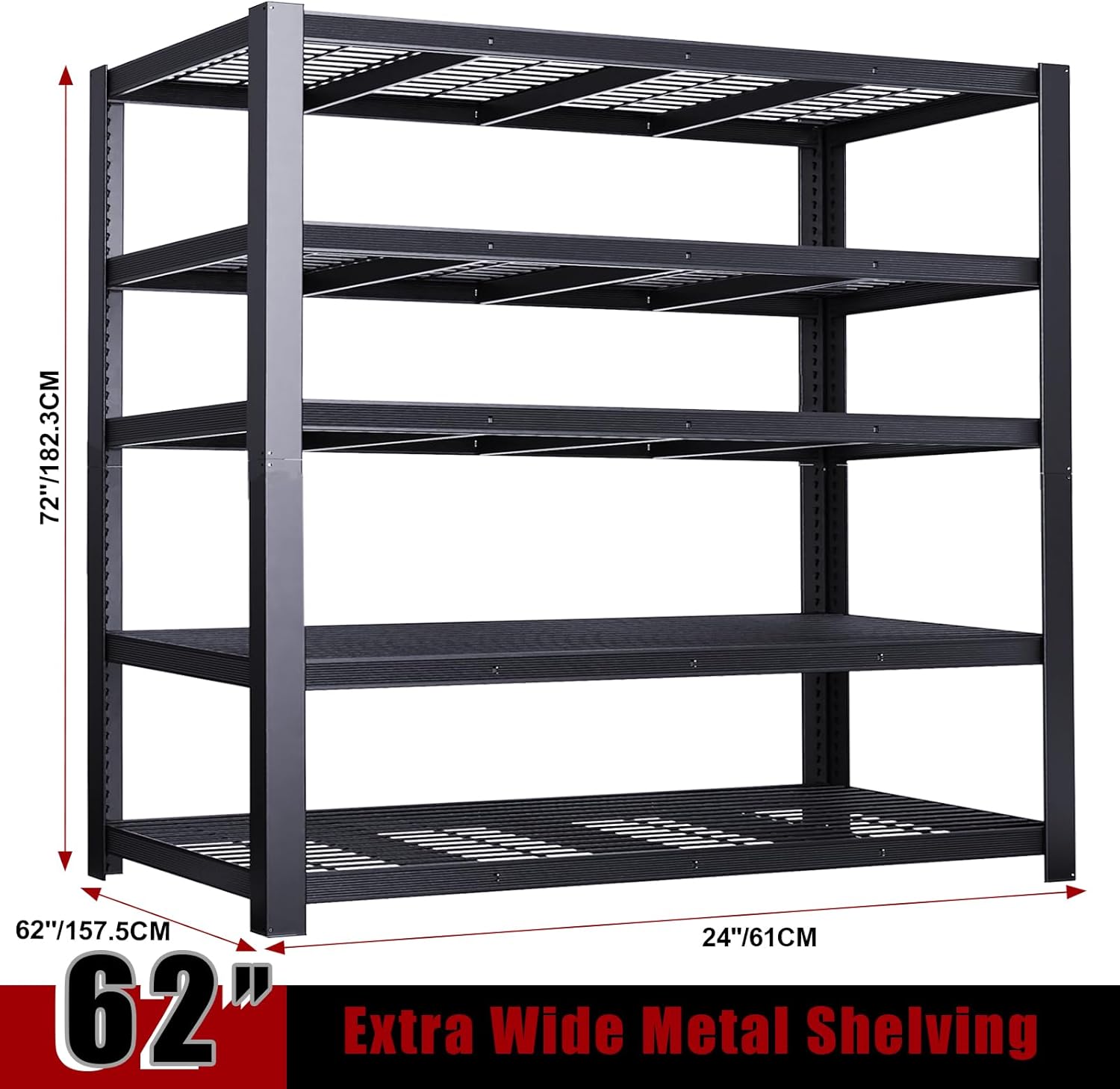 62" W 3050LBS Storage Shelves Unit,5 Tier Heavy Duty Metal Shelving Unit and Storage Large Rack,72" H x62 W x24 D Adjustable Metal Shelving Unit,Garage Shelves for Basement,Warehouse
