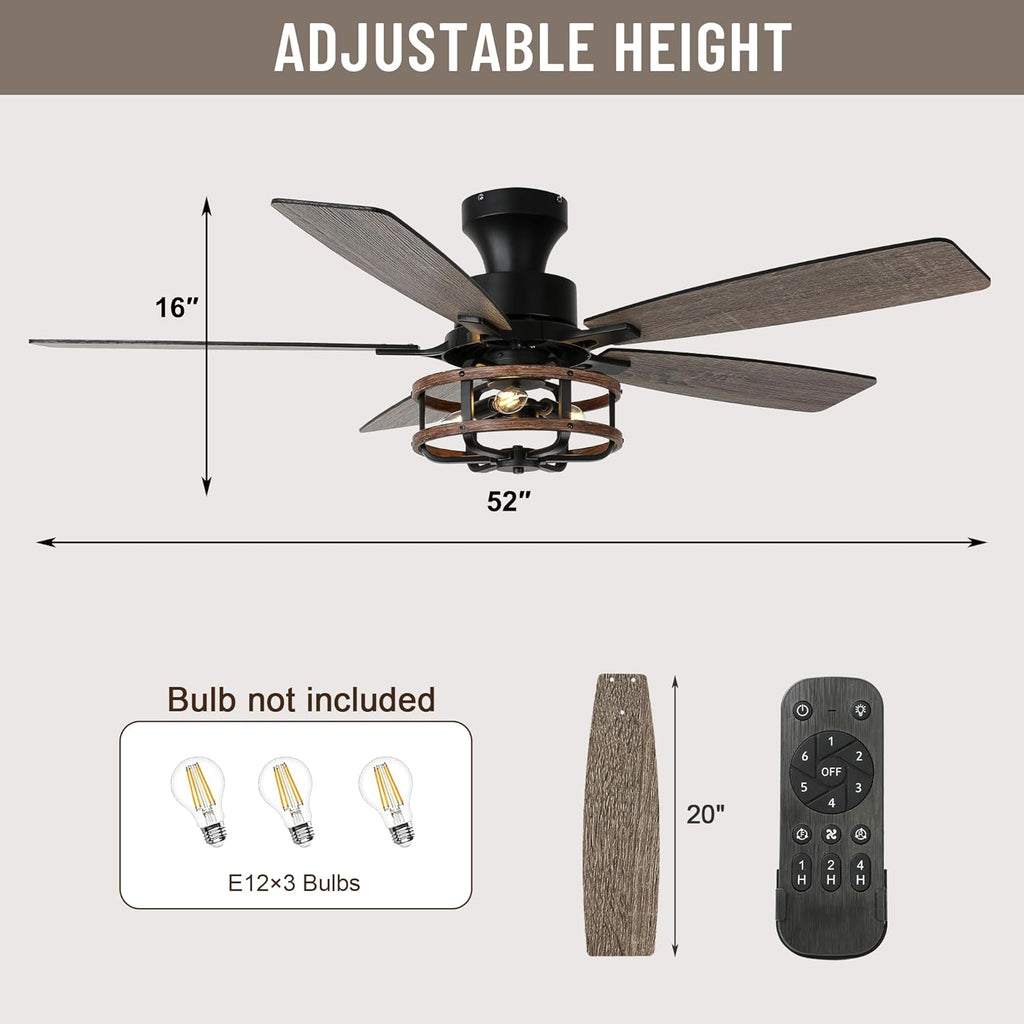 52" Farmhouse Ceiling Fans with Lights and Remote,Chandelier Ceiling Fan with 5 Double Colour Blades Reversible DC Motor,Rustic Caged Ceiling Fan for Living Room,Dining Room,Bedroom