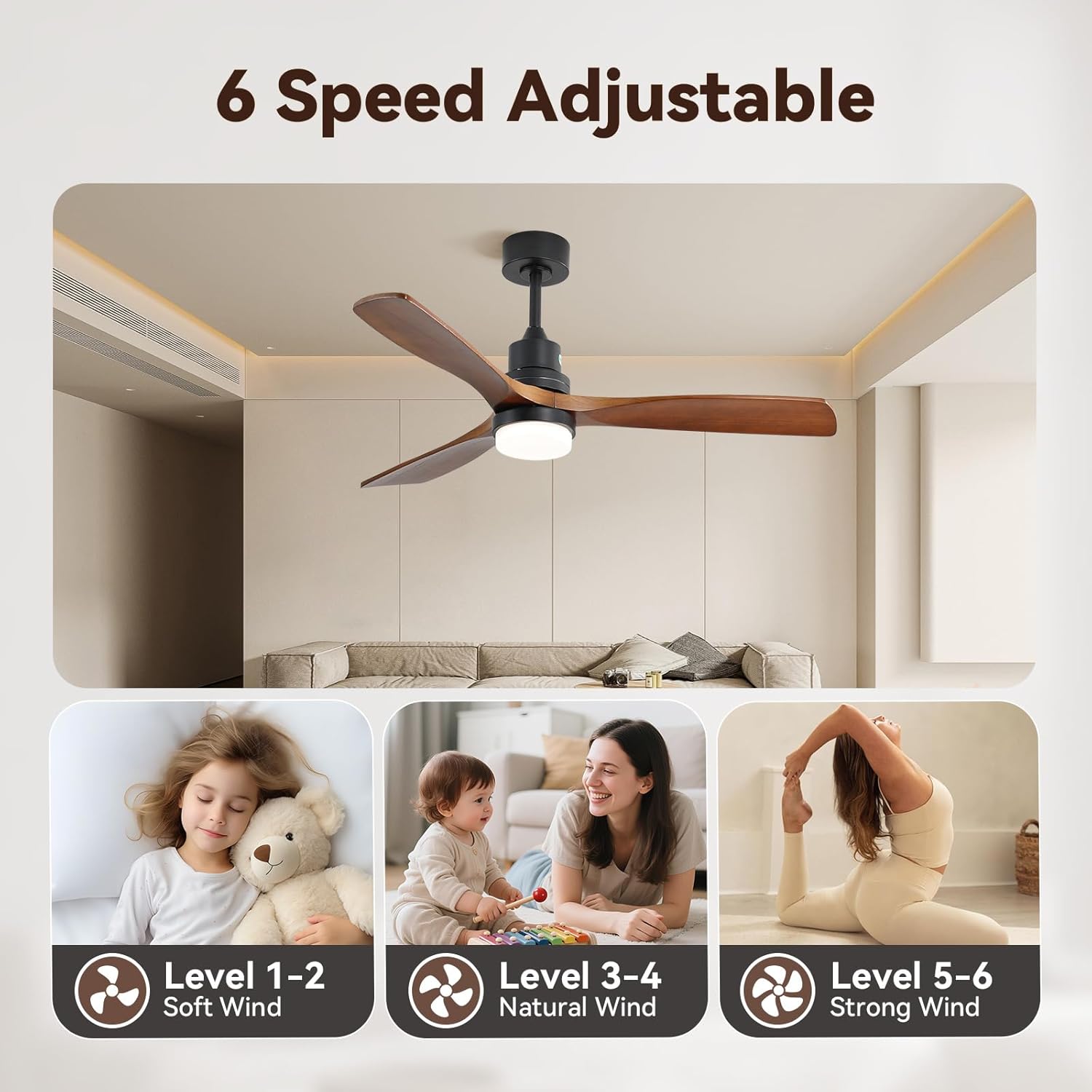 Sofucor Smart Ceiling Fan, 52" Low Profile Ceiling Fans with Lights and Remote, Compatible with Alexa/Google/App, 3-Color Light 6-Speed DC Motor Reversible Timer for Bedroom Living Room Patio Outdoor