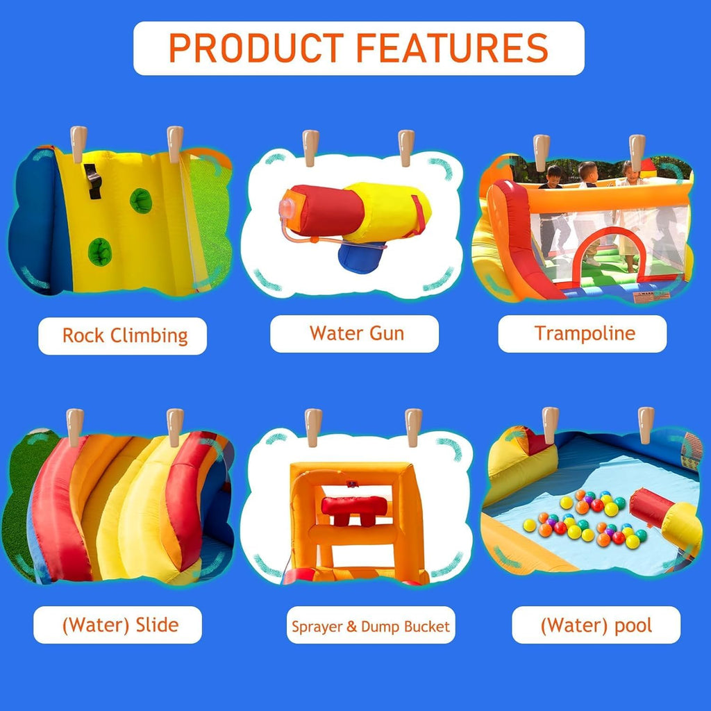 HuaKastro Inflatable Water Slide Bounce House for Kids with Pool, 5-in-1 Indoor/Outdoor Blow Up Play Center for Climbing, Sliding, Jumping & Splashing Fun, Blower Included