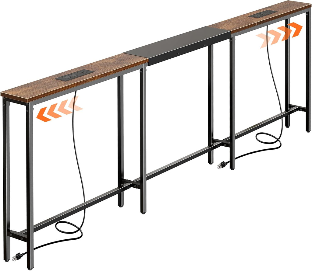 Huuger Narrow Sofa Table with 2 Power Outlets, 86.6-110.2 Inch Adjustable Length, Behind the Couch Table with USB-C Port, Long Entryway Console Table, Anti-tip Kit, for Living Room, Rustic Brown