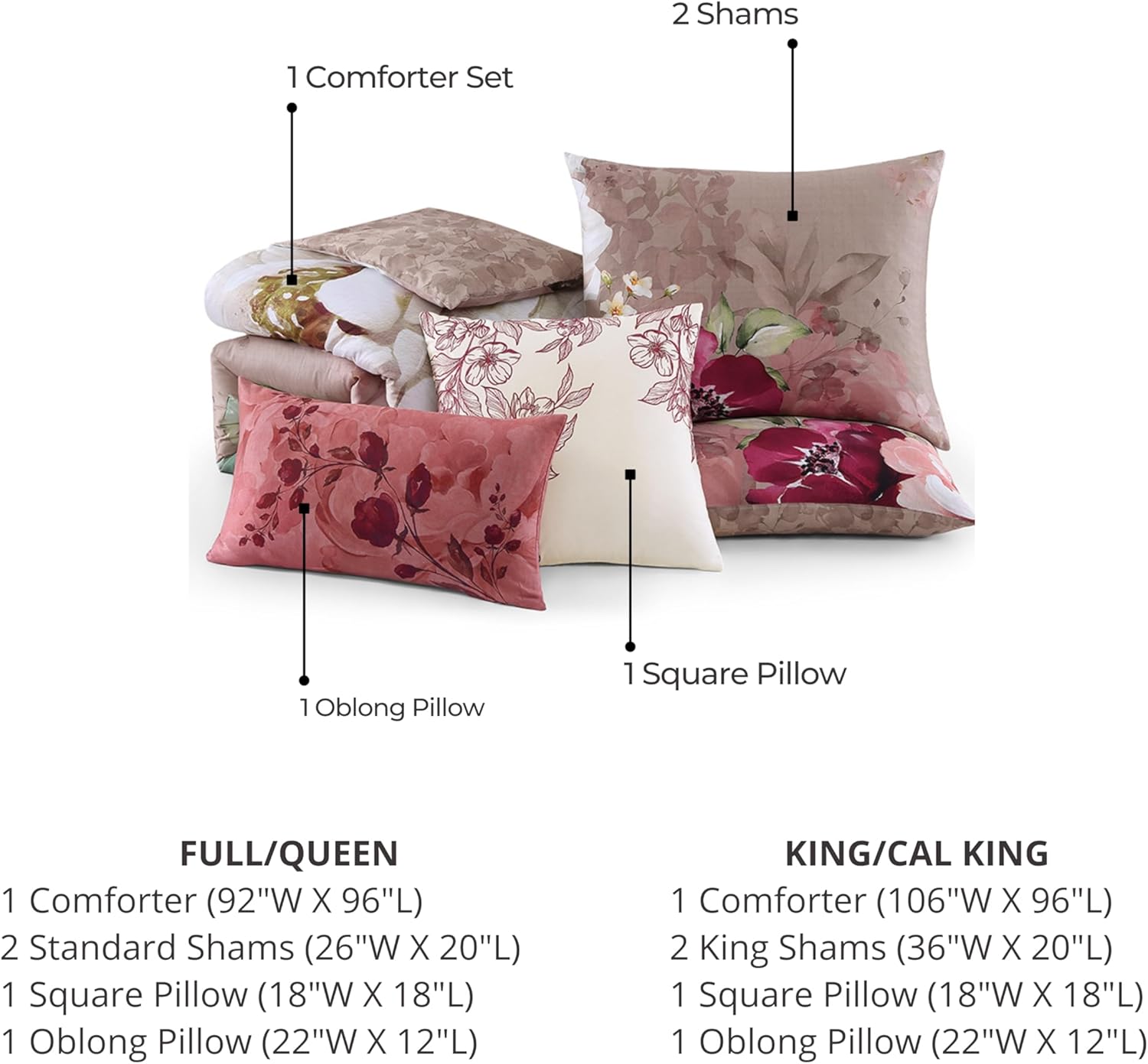 Bebejan Florence 5 Piece Comforter Set, 100% Cotton Sateen, 220 Thread Count, Brown Reversible Bedding Comforter Set, 1 Comforter, 2 Shams & 2 Pillows (King/Cal King)