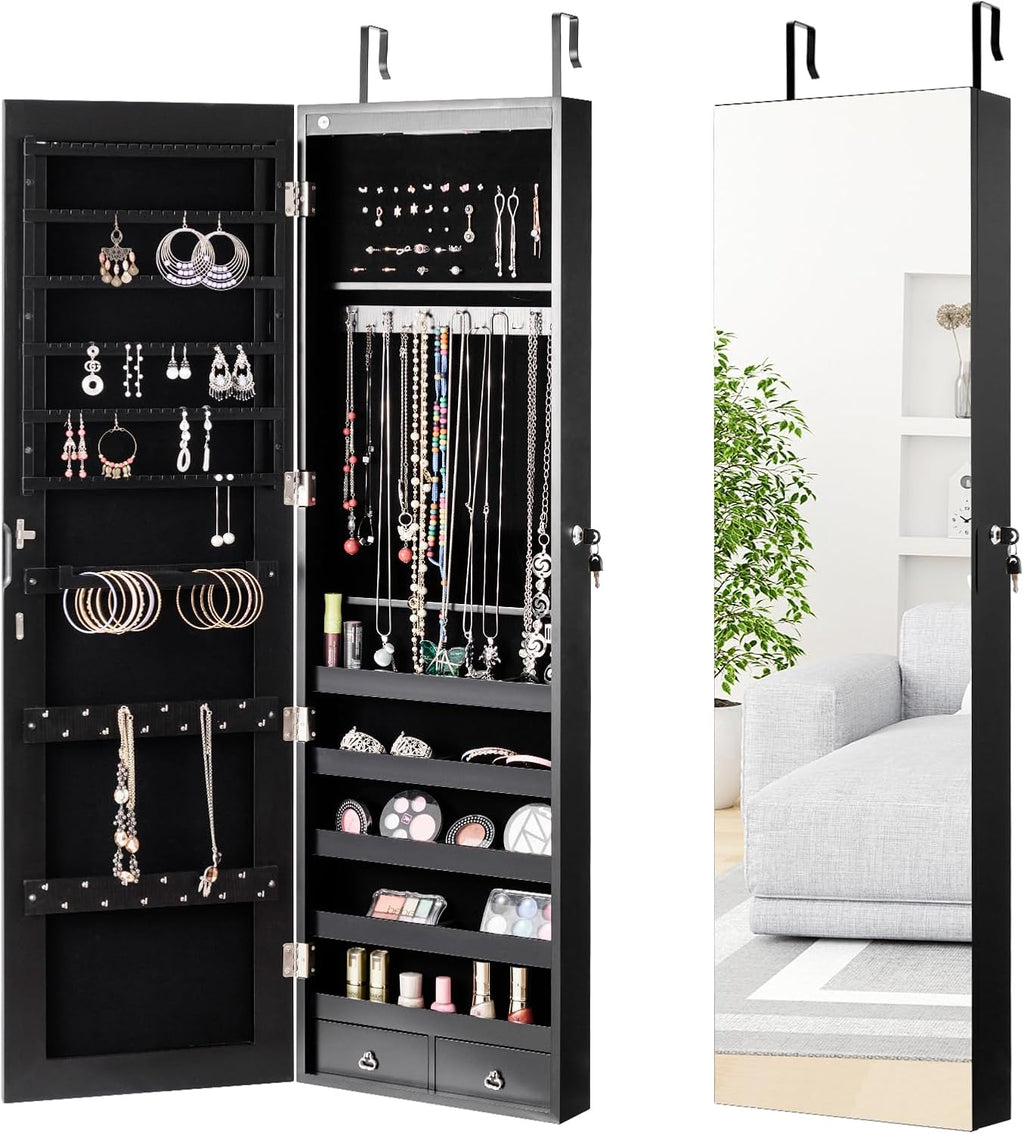 LOKO Mirrored Jewelry Armoire, Wall/Door Mounted Jewelry Cabinet with Full-Length Mirror, Lockable Jewelry Storage Organizer with 2 Drawers & 2 LED Lights, for Girls Women Gift Bedroom (Black)