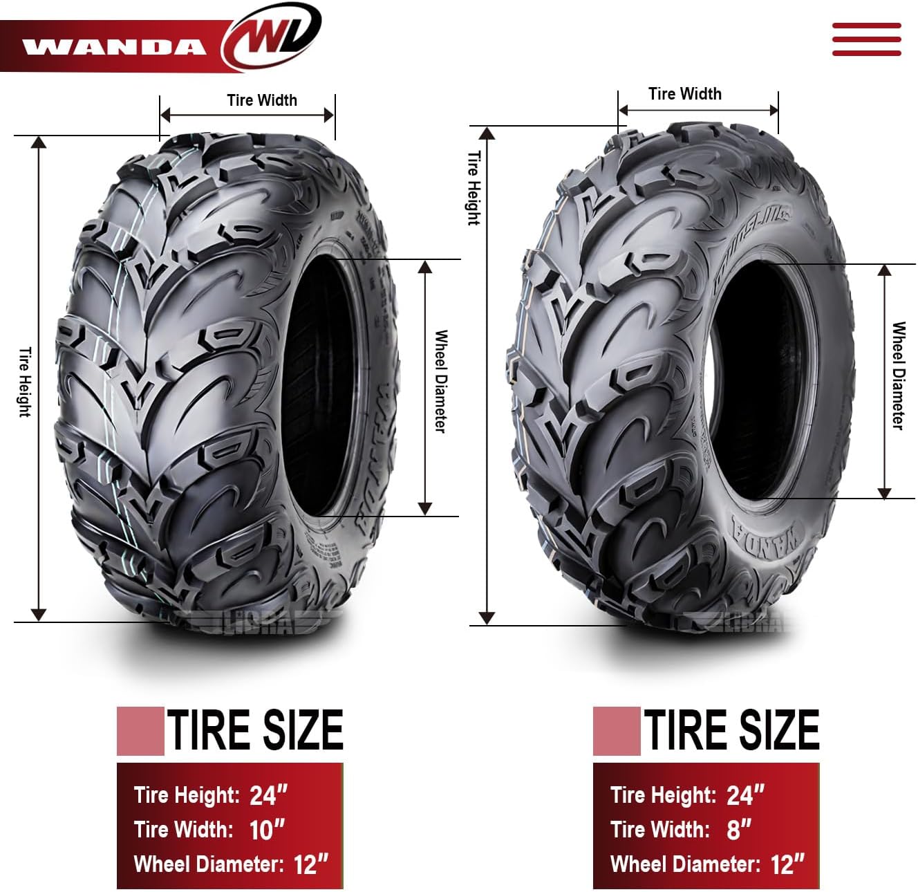 WANDA Set 4 Premium 8PR ATV UTV Tires 24X8-12 24x8x12 Front & 24x10-12 24x10x12 Rear