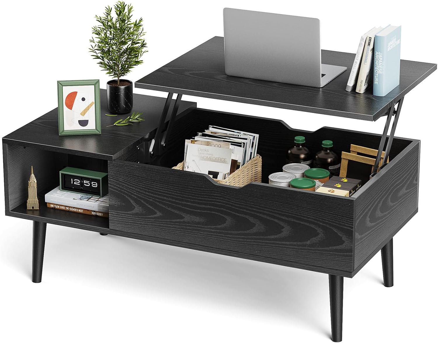 OLIXIS Wood Lift Top Coffee Table with Hidden Compartment and Large Storage Shelf, Lift Tabletop Dining Center Table for Home Living Room Office, Black
