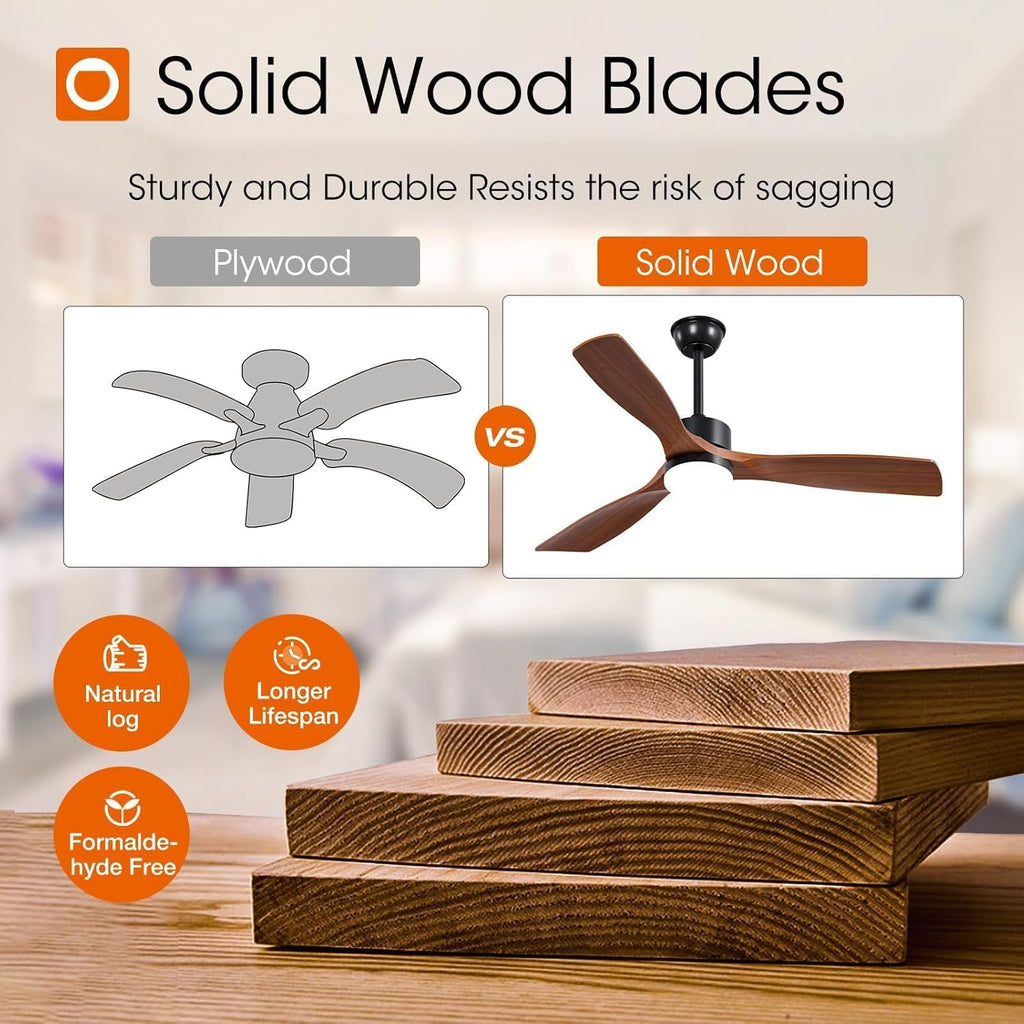 addlon 52 inch Ceiling Fans with Lights and Remote Control, Reversible, 3 Wood Blades, 6 Speeds, 3CCT Dimmable, Noiseless, Indoor/Outdoor Black Walnut Ceiling Fan for Bedroom Living Room Gazebo Patio