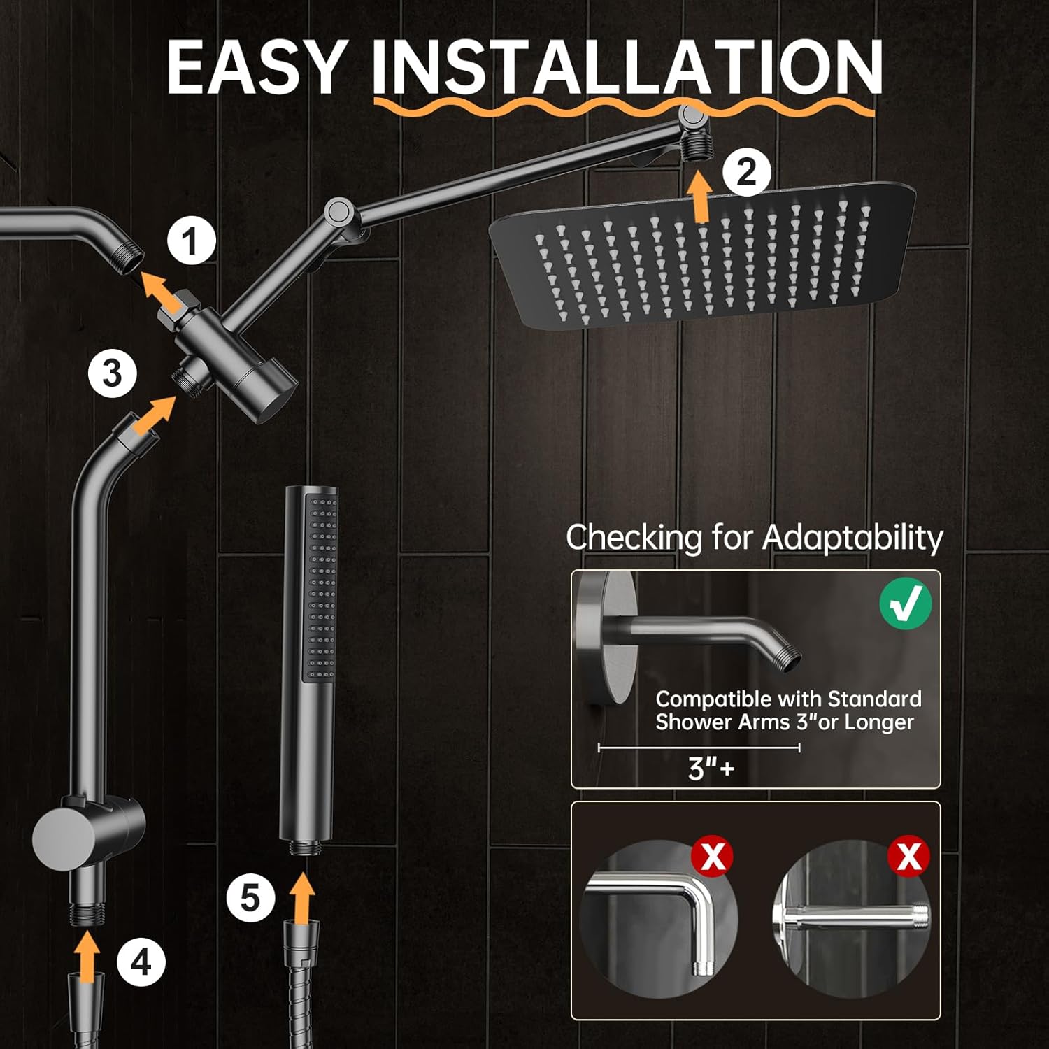 Veken All Metal 10" Gunmetal Gray Shower Head with Handheld, Luxurious Square Double Rain Shower Heads with Spray Combo, Dual High Pressure Detachable Rainfall Showerhead with Extension Arm, Long Hose