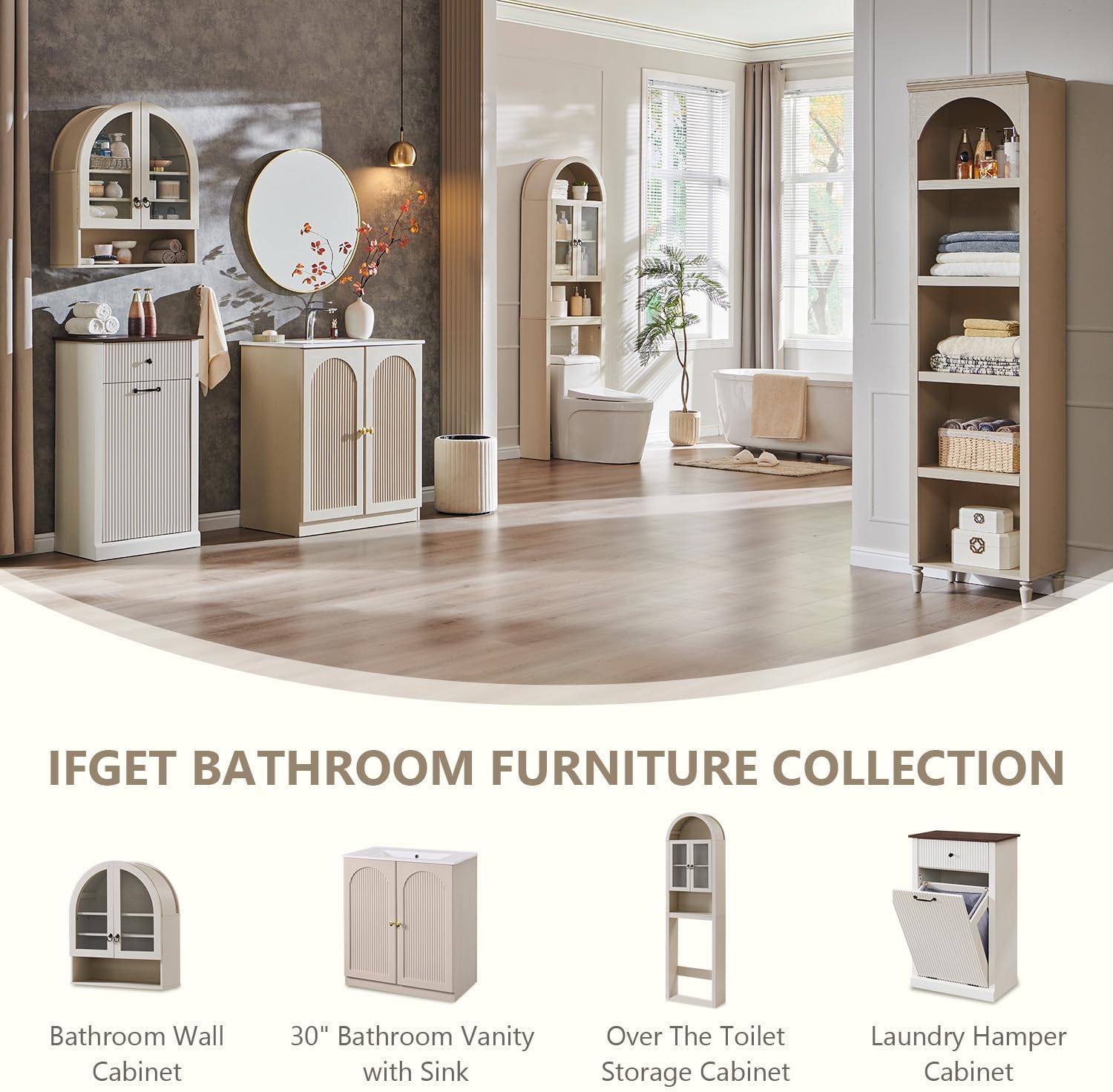 IFGET Arched Over The Toilet Storage Cabinet with Acrylic Doors, Modern Over Toilet Bathroom Organizer Shelf, Small Wooden Bathroom Storage Cabinet with Adjustable Shelf, Space Saver, Cream