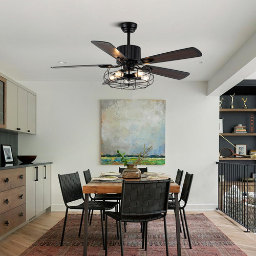 52" Farmhouse Ceiling Fans with Lights and Remote,Industrial Caged Rustic Retro Chandelier Ceiling Fan with Reversible Motor,5 Double Colour Blades for Dining Room Living Room Bedroom