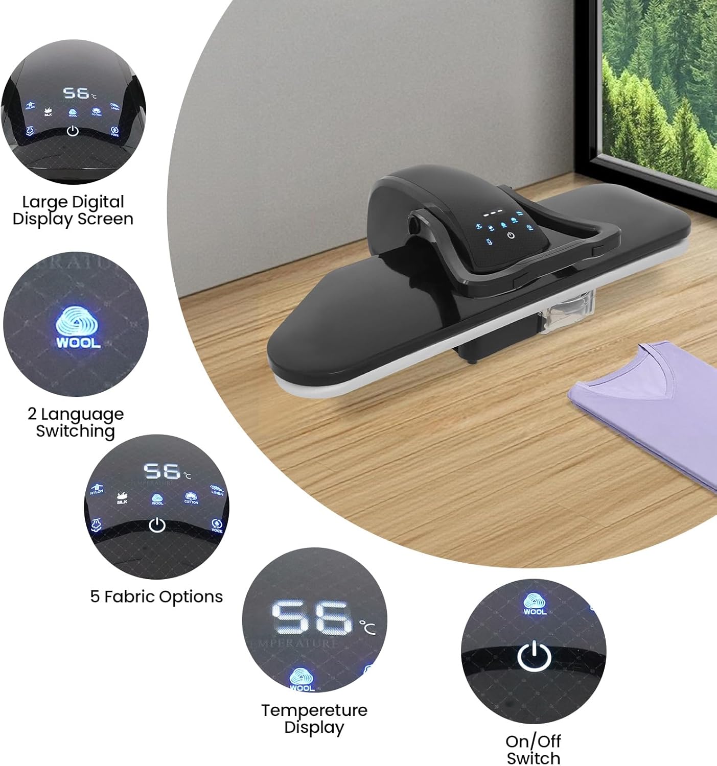 36in Large Steam Iron Press with LED Touch Screen,1600W Compact Ironing Steam Press with 5 Fabric Settings,Professional Iron Press Machine,Digital Steam Press for Home Business