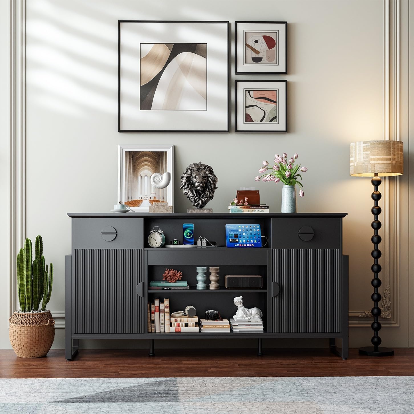 Naice TV Stand for 80 Inch TVs, 38" Tall Entertainment Center with Power Outlet, Stylish TV Stand w/Drawers & Cabinets, Raising Legs, Curved Profile Design, Media Console for Living Room, Black