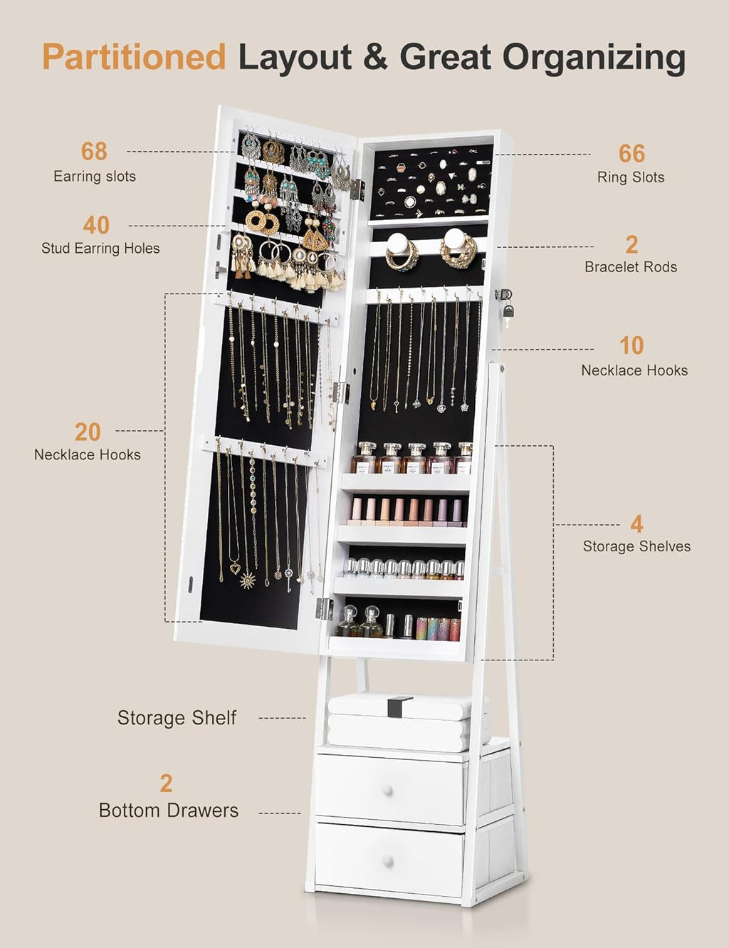 Nicetree Jewelry Cabinet Armoire with 2 Drawers, Lockable Standing Mirror Jewelry Cabinet, Full Length Mirror with Jewelry Storage, Gift Idea, White