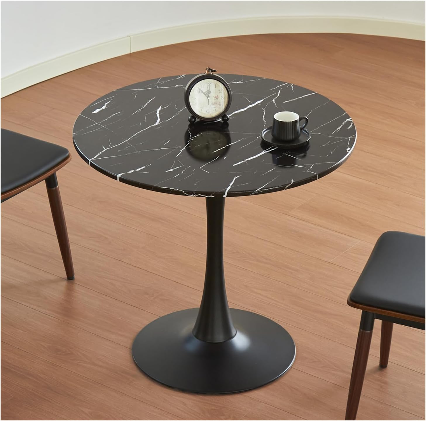 Round Dining Table, 31.5" Circle Tulip Table with Thickened Tabletop & Metal Pedestal, Mid Century Modern Bistro Table for Kitchen, Small Places, Living Room, Cafe (Marble Pattern Black)