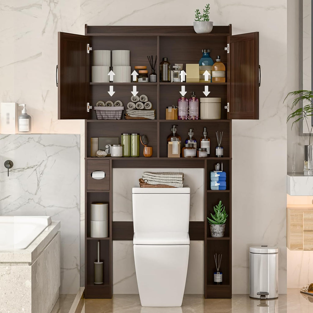 Over The Toilet Storage Cabinet, Farmhouse Toilet Cabinet Rack with Barn Doors, Space Saving Bathroom Organizer with Shelves, Toilet Paper Holder and Towel Rack for Bathroom,Restroom,Laundry,Espresso