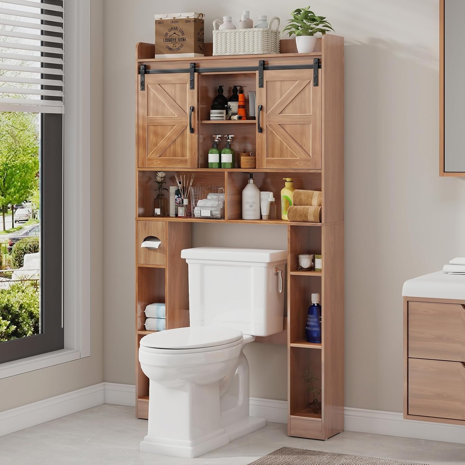 Vabches Farmhouse Storage Cabinet Over Toilet with Sliding Doors, Home Space-Saving Toilet Rack, Over The Toilet Storage Cabinet, Open Storage Shelf, for Bathroom, Laundry, Restroom.Walnut