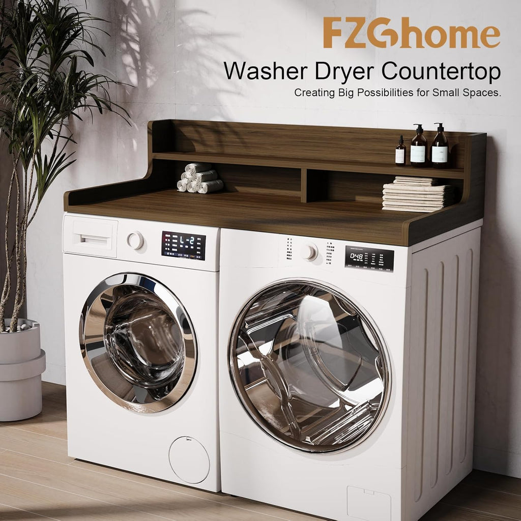 Washer Dryer Countertop, 54" x 27.55" 2-Tier Washer Dryer Topper with Edge, for Laundry Room Organization Walnut Brown
