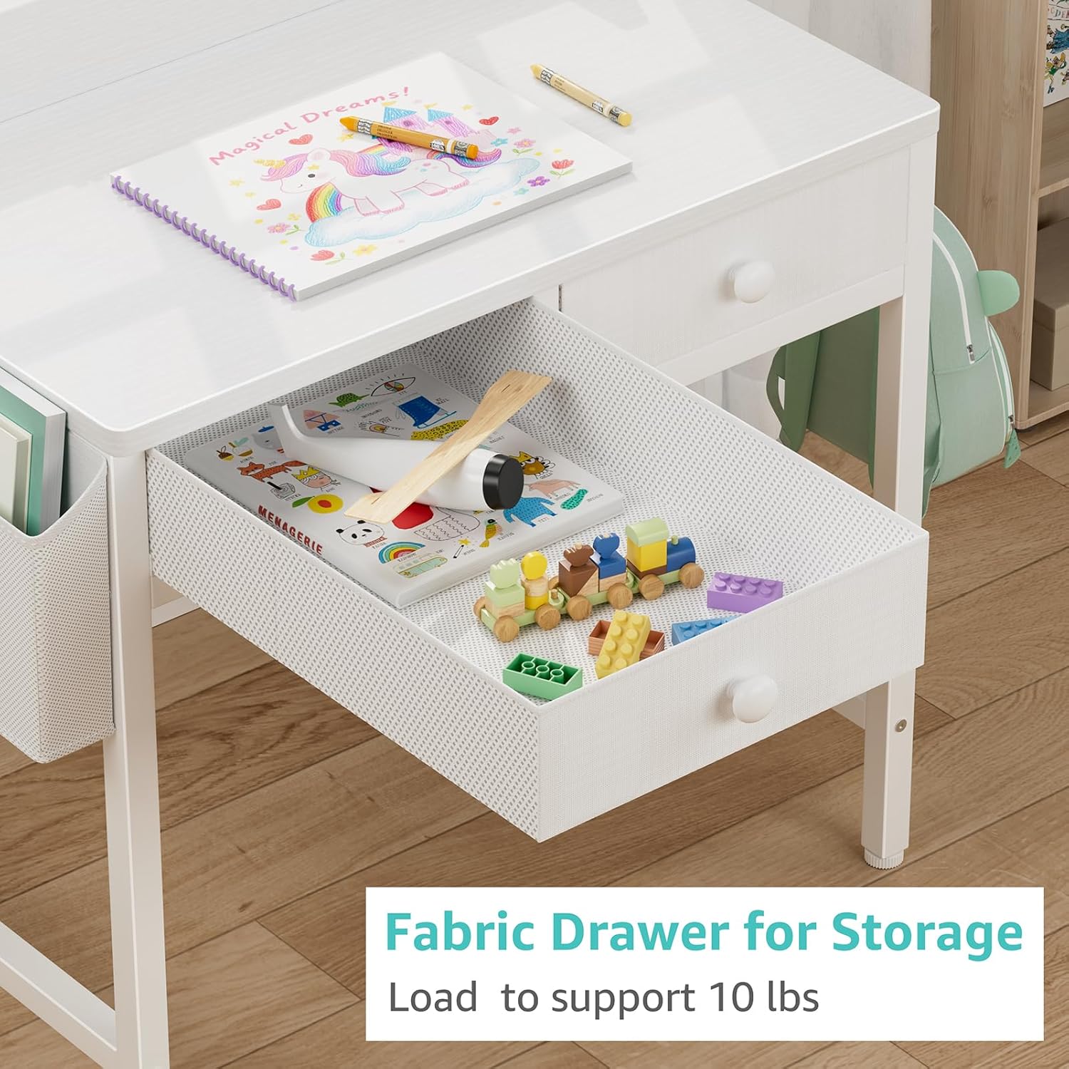 BOLUO White Kids Desk and Chair Set for 5-8 Year Old, Small Child Desk with Fabric Drawer, Children Study Table with Storage Girls Boys