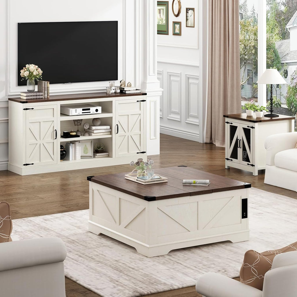 Hlivelood 66" Farmhouse TV Stand with Power Outlets for 75 Inch TVs, 33" Tall Entertainment Center with Storage Cabinets w/Adjustable Shelves, Rustic Large TV Media Console, Rustic White