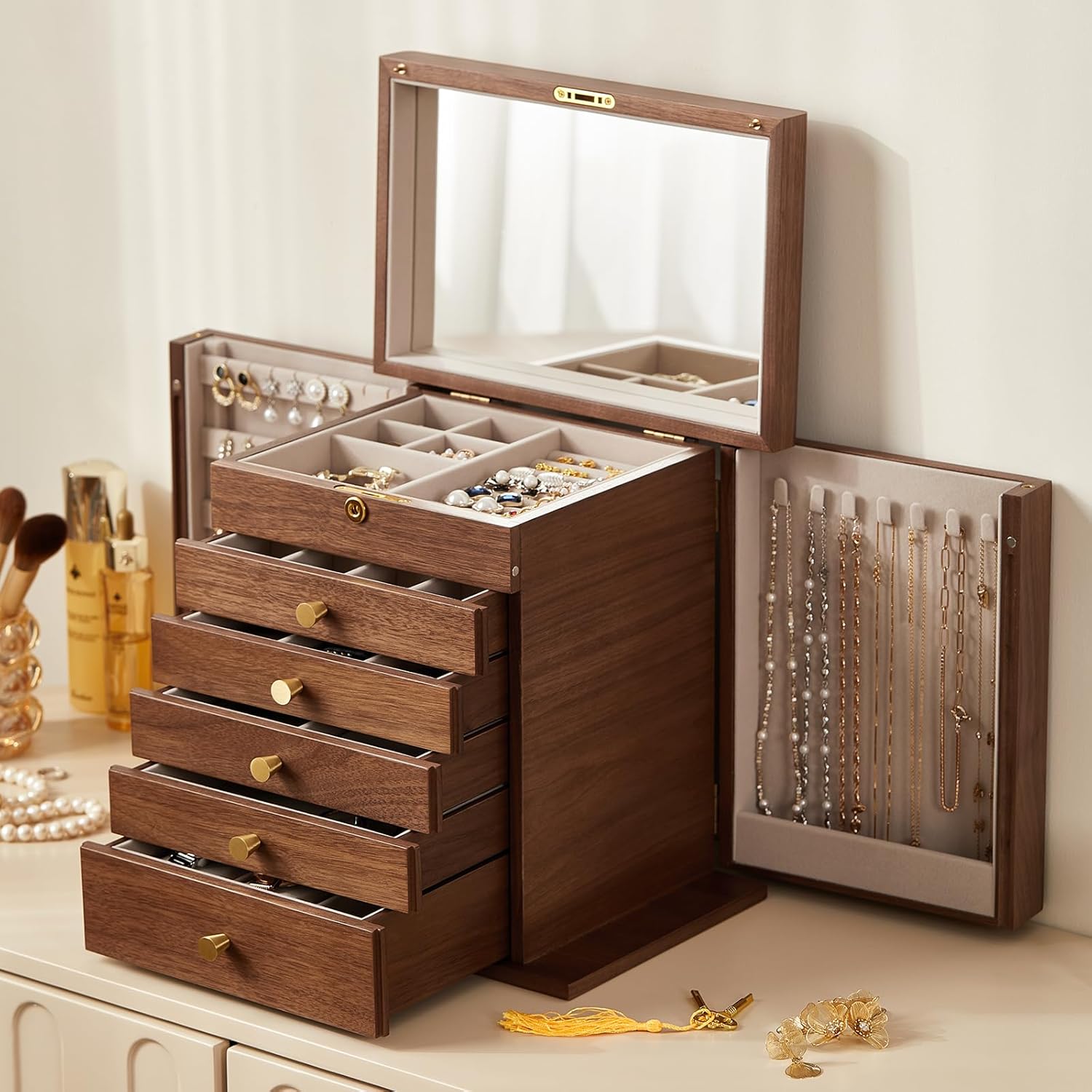 Black Walnut Wooden Jewelry Box, Wood Jewelry Organizer with 2 Side Doors Mirror Lockable Classical Style for Watch Necklace Ring Earring Storage Mothers Day Gifts for Mom-6 Layer