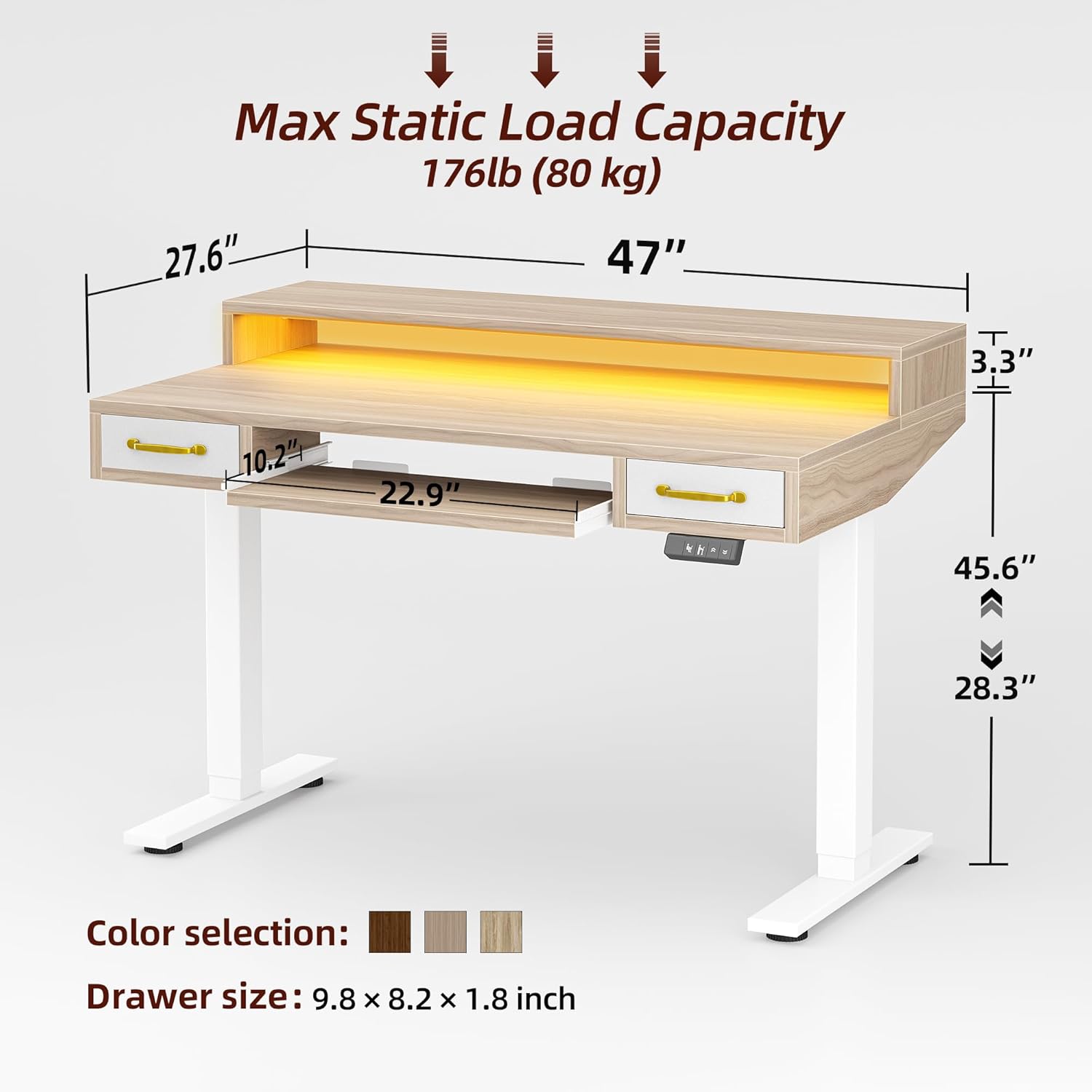 TIQLAB Standing Desk with Two Drawers, Stand Up Standing Desk Adjustable Height, Electric Sit Stand Table with Storage Shelf and Splice Board, with LED Light, 47 * 28 inch, Light Walnut