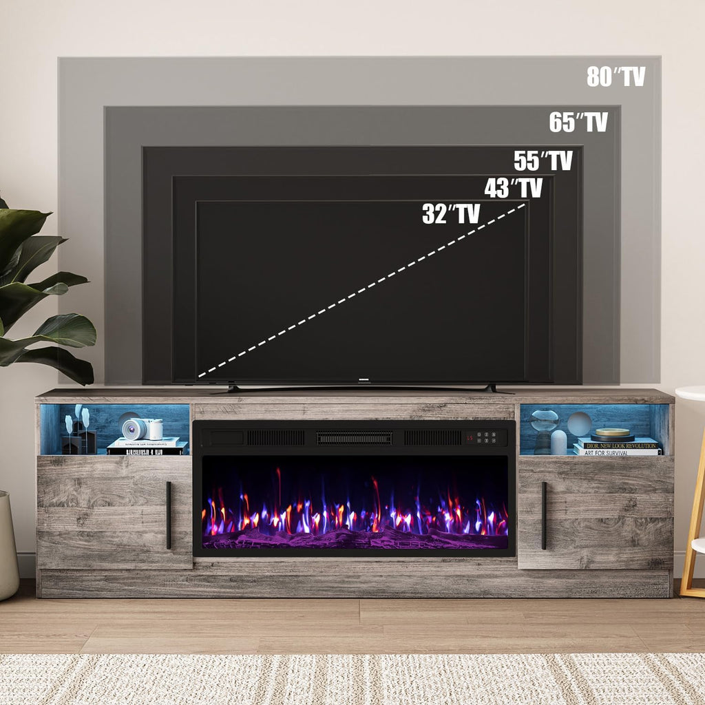 VITESSE TV Stand with 36" inch Electric Fireplace Up to 80" TVs, LED Light Entertainment Center, 70" Modern Wood High Gloss Fireplace with Highlight Storage Cabinet for Living Room (Grey)