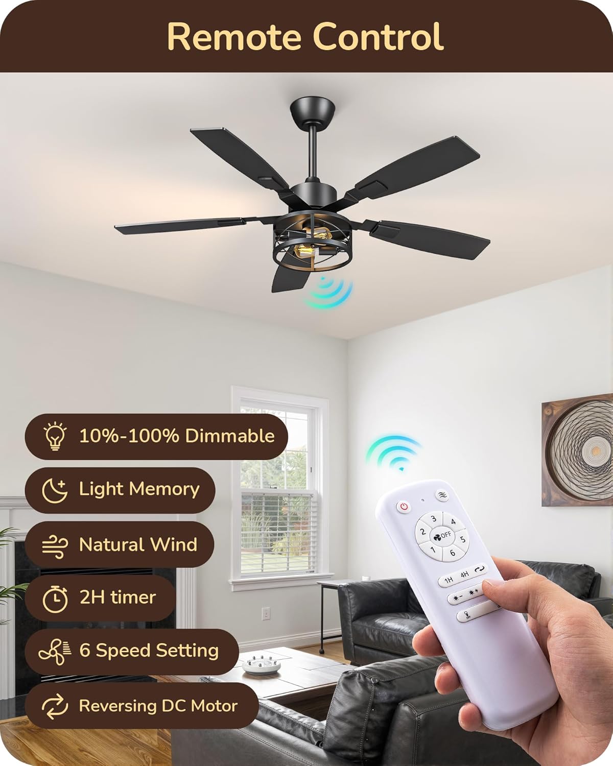 EDISHINE 52" Farmhouse Ceiling Fans with Lights and Remote, 10%-100% Dimmable, 6 Speeds, 5 Wood Blades, Reversible DC Motor, Timer, Quiet, Rustic Caged Fandelier Ceiling Fan for Bedroom Living Room