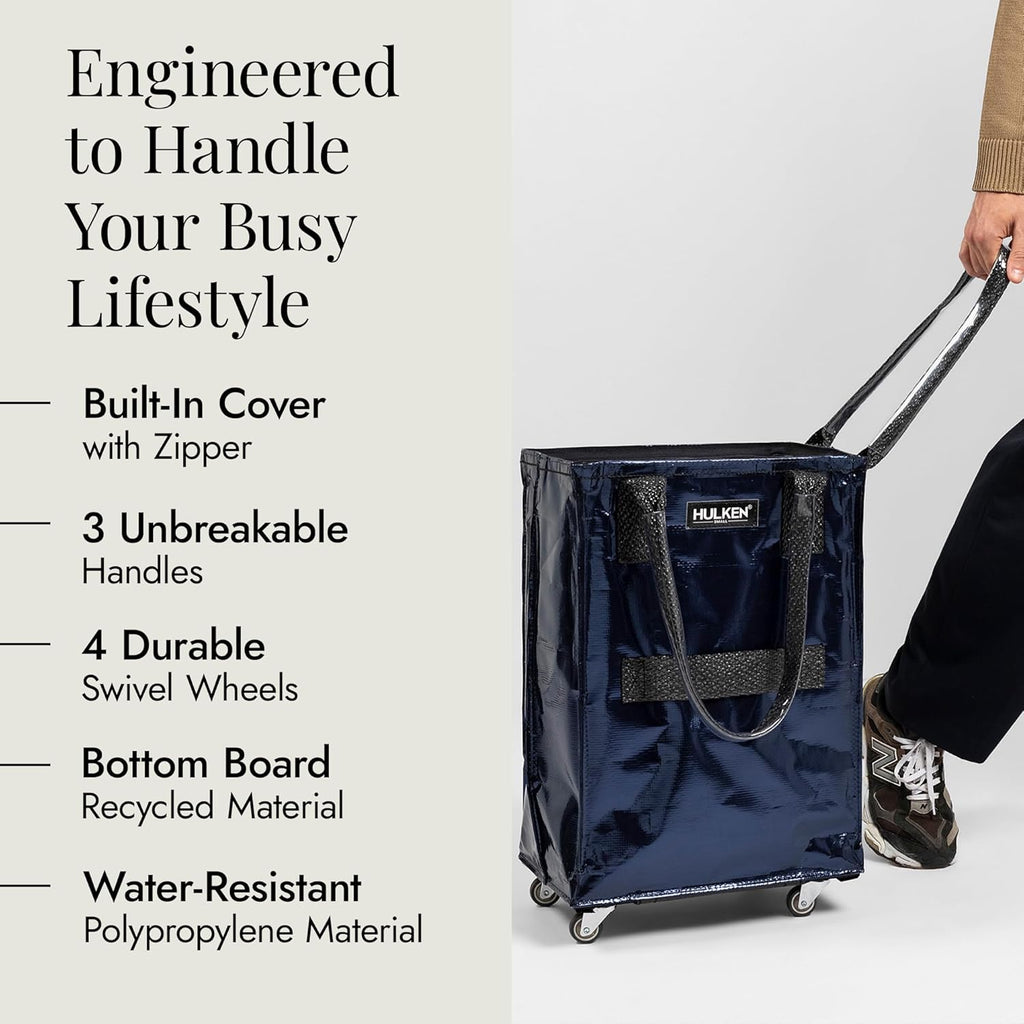 HULKEN (Small, Midnight Blue) Reusable Grocery Bag On Wheels, Shopping Trolley, Rolling Tote, Zipper Closure, Lightweight, Carries Up to 66 lb, Folds Flat