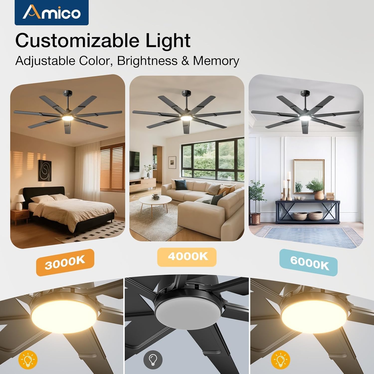 Amico Ceiling Fans with Lights,66 inch Black Ceiling fan with Light and Remote, 6 Speed Reversible DC Motor, 3CCT, Dimmable, Quiet, Timer, Large Modern Ceiling Fan for Living room, Indoor/Outdoor
