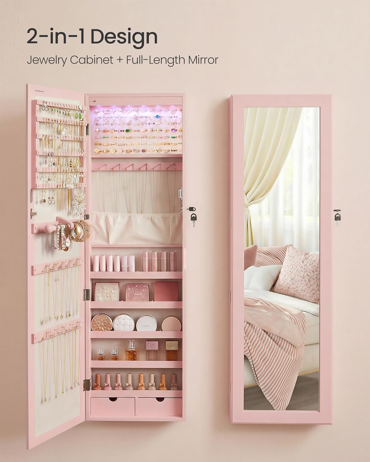 SONGMICS 6 LEDs Mirror Jewelry Cabinet, 47.2-Inch Tall Lockable Wall or Door Mounted Jewelry Armoire Organizer with Mirror, 2 Drawers, 3.9 x 14.6 x 47.2 Inches, Jelly Pink UJJC093SA02S