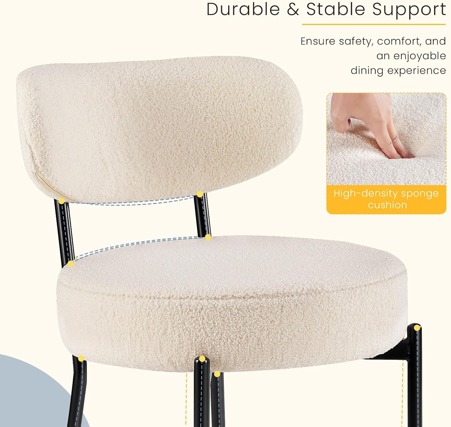 DUMOS Dining Chairs Set of 4, Mid Century Modern Chair Round Upholstered Curved Backrest, Kitchen Vanity Living Room Chairs with Black Metal Legs，Light Beige