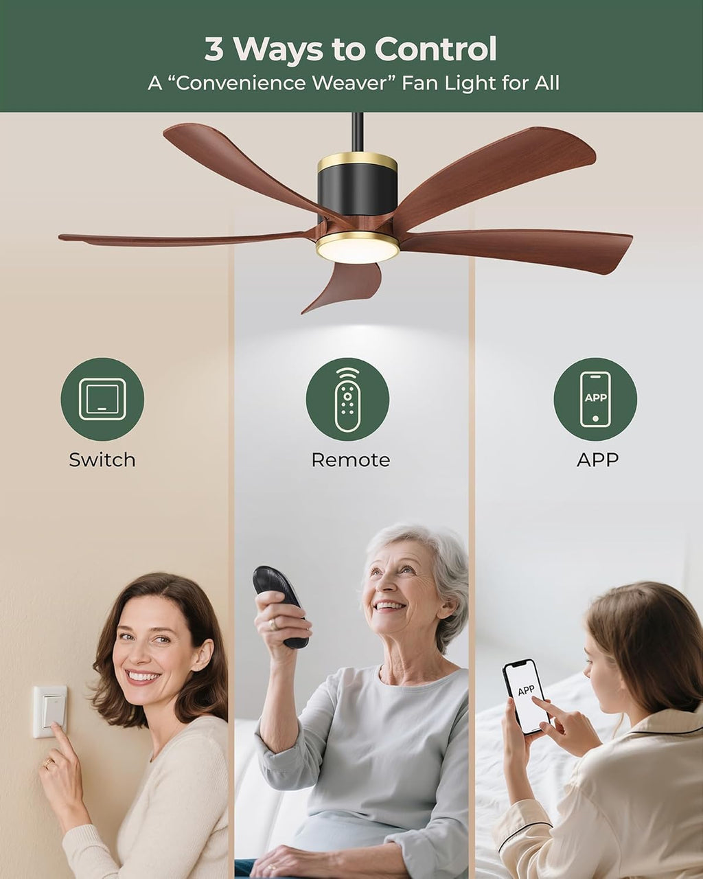 BLNAN 52" Premium Walnut Solid Wood Ceiling Fan with Light - Whisper-Quiet DC Motor, 6 Speeds, 3000K-6000K Dimmable LED, Remote Control with Timer, 2 Downrods for Indoor/Outdoor, A++ Energy Saving